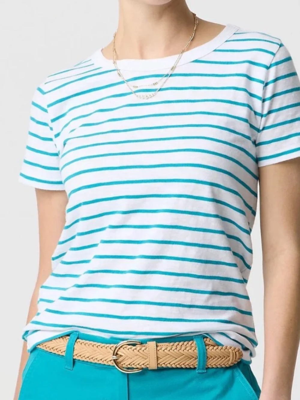 J.Crew Short Sleeve Girlfriend Crewneck T‑Shirt White/Teal striped, L, NWT